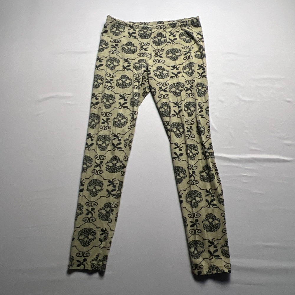 Full Tilt Leggings Womens Large Green Black Stretch Floral Skull Print Low Rise